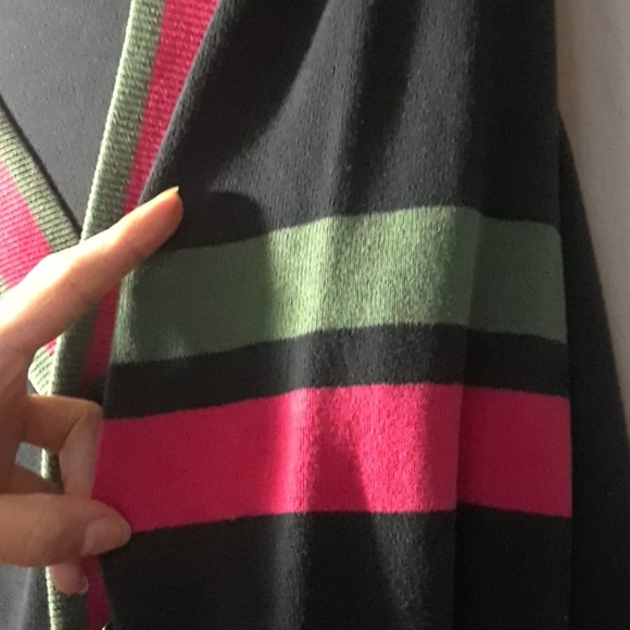 LONG BLACK W/ RED &GREEN STRIPS CARDIGON - Picture 4 of 6
